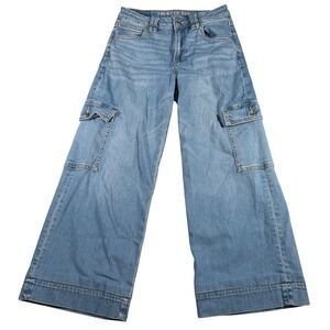 American Eagle Super High-Rise Baggy Wide Leg Jean Women 0 Short(Waist 27") Blue